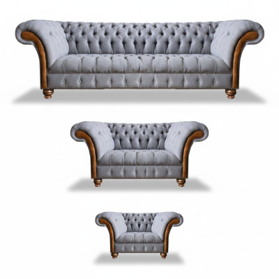 Chesterfield Ensemble de Canapés Rembourrés Gris Clair Tissu Designer 3 pièces
