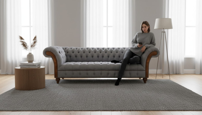 Canapé rembourré Chesterfield gris clair pour salon, canapé design 4 places.