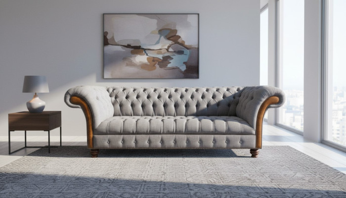 Canapé rembourré Chesterfield gris clair pour salon, canapé design 4 places.