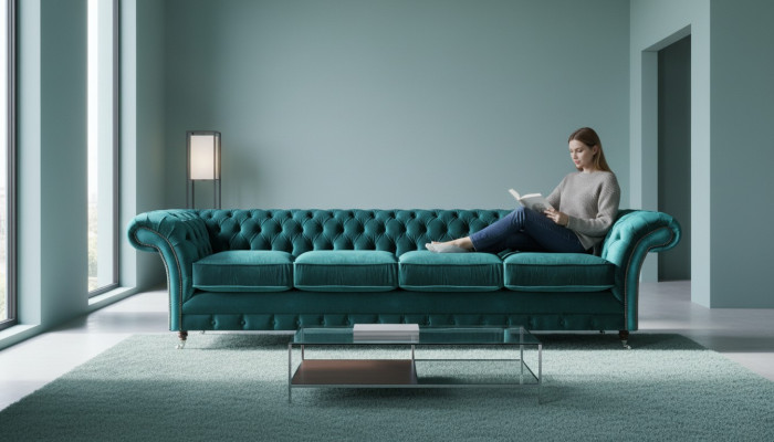 Canapé Chesterfield vert élégant Quatre places moderne en tissu
