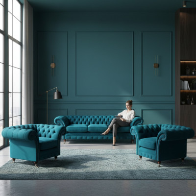Chesterfield canapés bleus En tissu Mobilier de salon 3 pièces