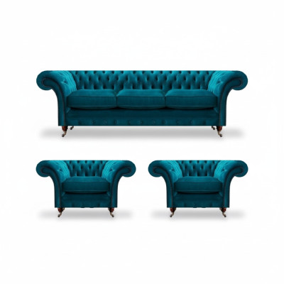 Chesterfield canapés bleus En tissu Mobilier de salon 3 pièces