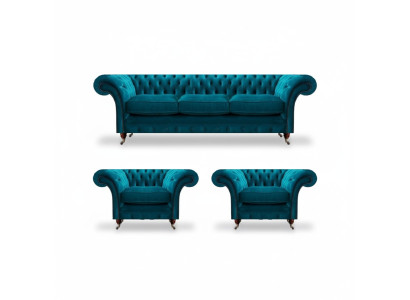 Chesterfield canapés bleus En tissu Mobilier de salon 3 pièces