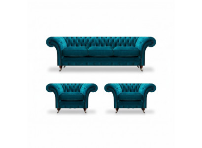 Chesterfield canapés bleus En tissu Mobilier de salon 3 pièces