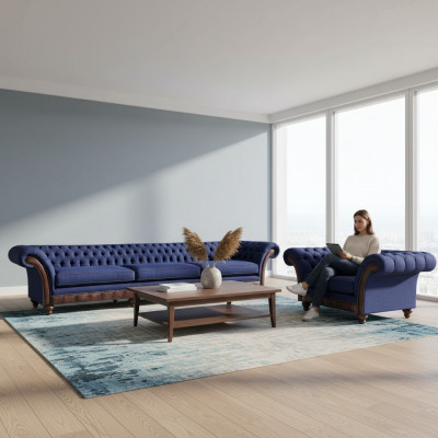 Sofa Chesterfield bleu en tissu de designer, salon 3 places, ensemble de 2 fauteuils.