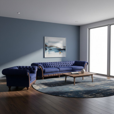 Sofa Chesterfield bleu en tissu de designer, salon 3 places, ensemble de 2 fauteuils.