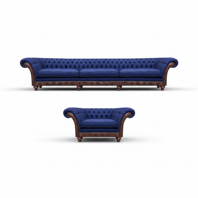 Sofa Chesterfield bleu en tissu de designer, salon 3 places, ensemble de 2 fauteuils.