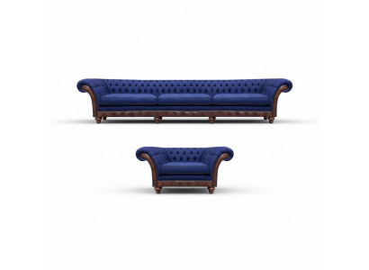 Sofa Chesterfield bleu en tissu de designer, salon 3 places, ensemble de 2 fauteuils.
