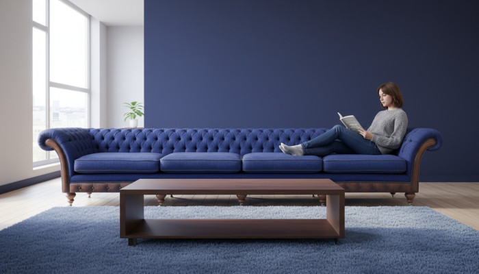 Canapé quatre places Chesterfield bleu pour salon, mobilier rembourré exclusif