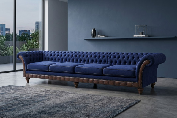 Canapé quatre places Chesterfield bleu pour salon, mobilier rembourré exclusif