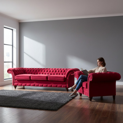 Chesterfield canapé rouge Ensemble élégant de salon Fauteuil textile Canapé trois places