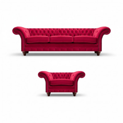 Chesterfield canapé rouge Ensemble élégant de salon Fauteuil textile Canapé trois places