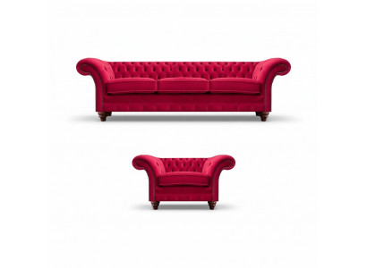 Chesterfield canapé rouge Ensemble élégant de salon Fauteuil textile Canapé trois places