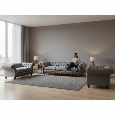Chesterfield ensemble de canapé de salon en tissu gris clair Ensemble élégant