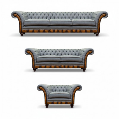 Chesterfield ensemble de canapé de salon en tissu gris clair Ensemble élégant