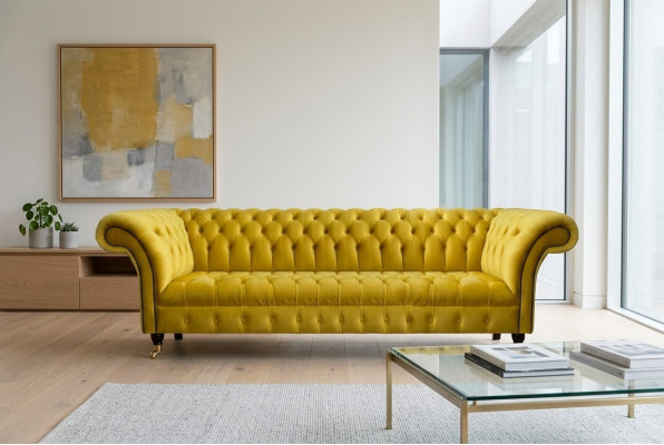 Chesterfield jaune canapé quatre places de designer meuble rembourré pour salon.