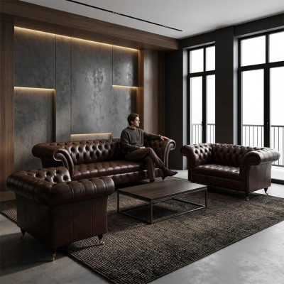 Canapés Chesterfield en cuir marron design trois places, quatre places, fauteuil.