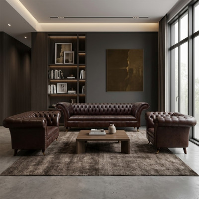 Canapés Chesterfield en cuir marron design trois places, quatre places, fauteuil.