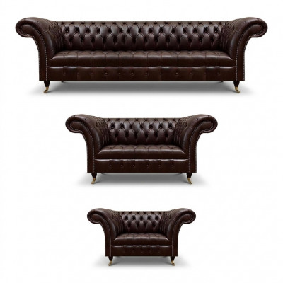 Canapés Chesterfield en cuir marron design trois places, quatre places, fauteuil.