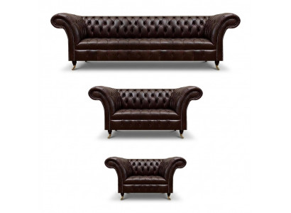 Canapés Chesterfield en cuir marron design trois places, quatre places, fauteuil.