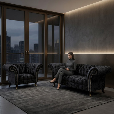 Chesterfield mobilier rembourré noir Designer salon canapé fauteuil 2 pièces