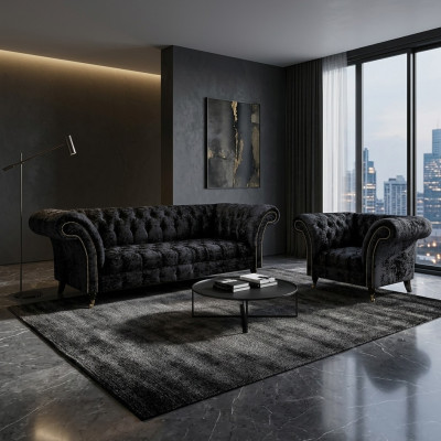 Chesterfield mobilier rembourré noir Designer salon canapé fauteuil 2 pièces