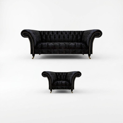 Chesterfield mobilier rembourré noir Designer salon canapé fauteuil 2 pièces