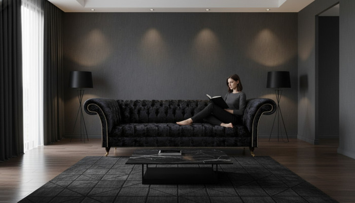 Chesterfield canapé moderne noir quatre places élégant en tissu, 4 places.