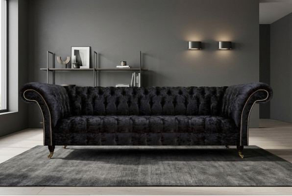 Chesterfield canapé moderne noir quatre places élégant en tissu, 4 places.