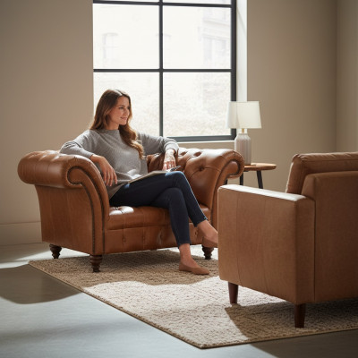 Canapé Chesterfield marron en cuir deux places design en cuir synthétique