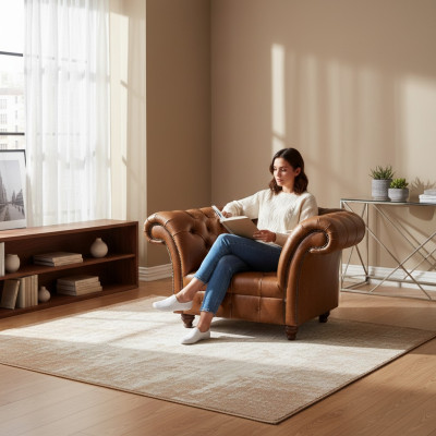 Fauteuil Chesterfield en cuir marron pour salon, 1 place rembourré.
