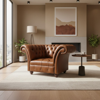 Fauteuil Chesterfield en cuir marron pour salon, 1 place rembourré.