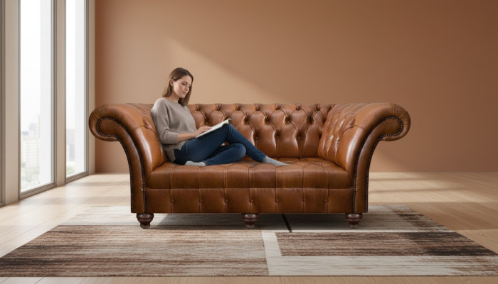Canapé Chesterfield en cuir marron trois places pour salon, canapé moderne rembourré.