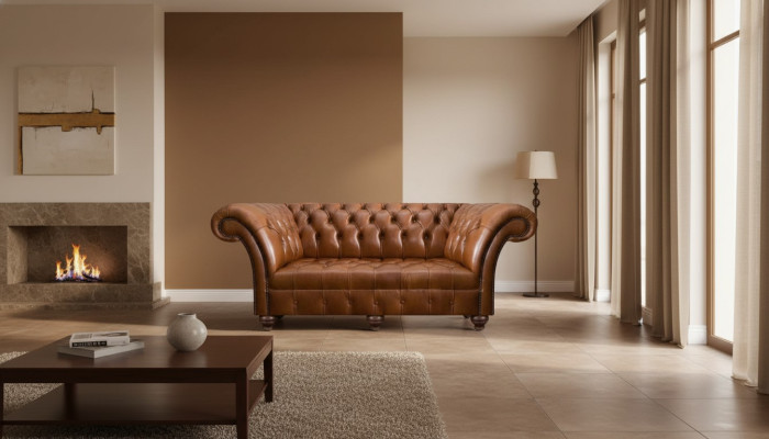 Canapé Chesterfield en cuir marron trois places pour salon, canapé moderne rembourré.