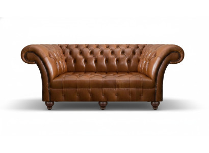 Canapé Chesterfield en cuir marron trois places pour salon, canapé moderne rembourré.