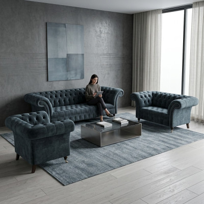 Chesterfield canapé gris ensemble de canapés design fauteuil élégant.