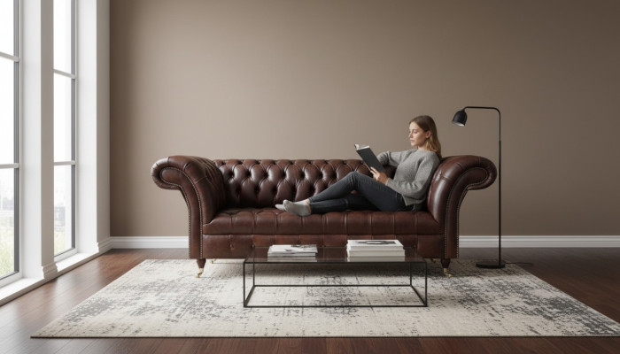 Canapé Chesterfield en cuir synthétique brun, canapé design pour salon, meubles.