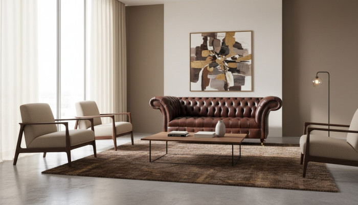 Canapé Chesterfield en cuir synthétique brun, canapé design pour salon, meubles.