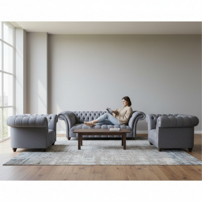 Chesterfield ensemble de salon gris clair élégant canapé trois places 2x fauteuils
