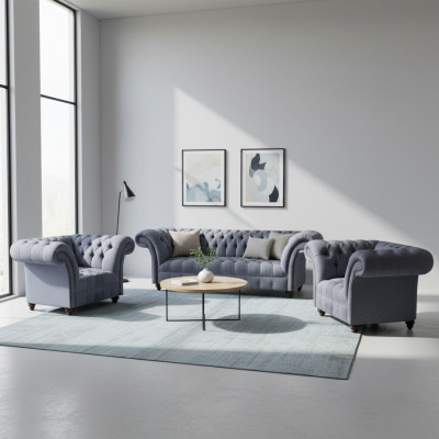 Chesterfield ensemble de salon gris clair élégant canapé trois places 2x fauteuils