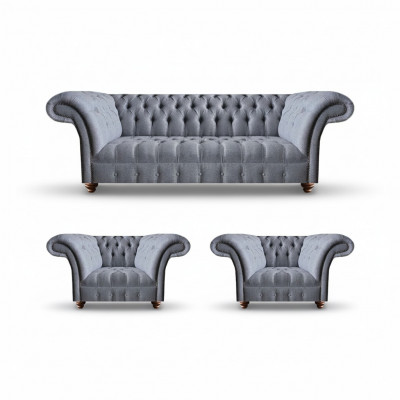 Chesterfield ensemble de salon gris clair élégant canapé trois places 2x fauteuils