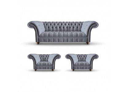 Chesterfield ensemble de salon gris clair élégant canapé trois places 2x fauteuils