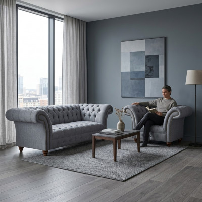 Chesterfield Designer Salon Gris, Ensemble Moderne de Canapés en Tissu, 2 pièces