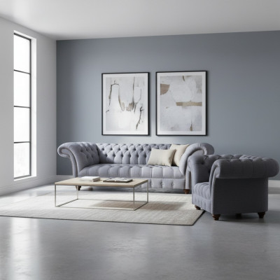 Chesterfield Designer Salon Gris, Ensemble Moderne de Canapés en Tissu, 2 pièces