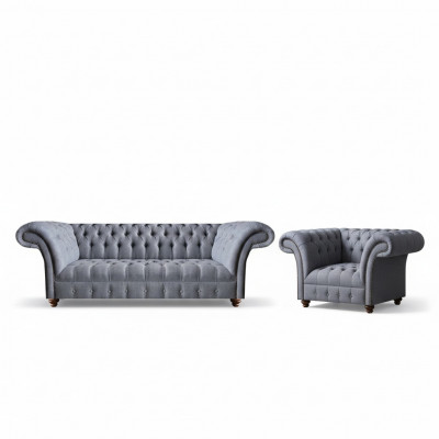 Chesterfield Designer Salon Gris, Ensemble Moderne de Canapés en Tissu, 2 pièces