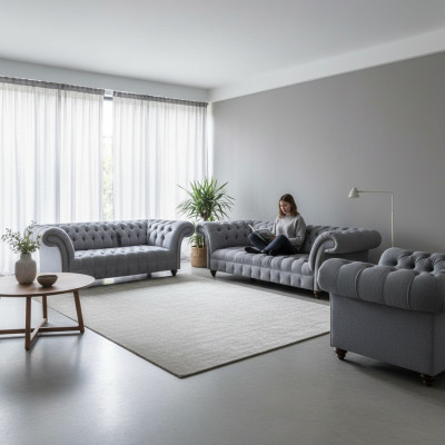 Chesterfield ensemble en tissu noble Designer canapé 3 places, canapé 2 places, fauteuil.