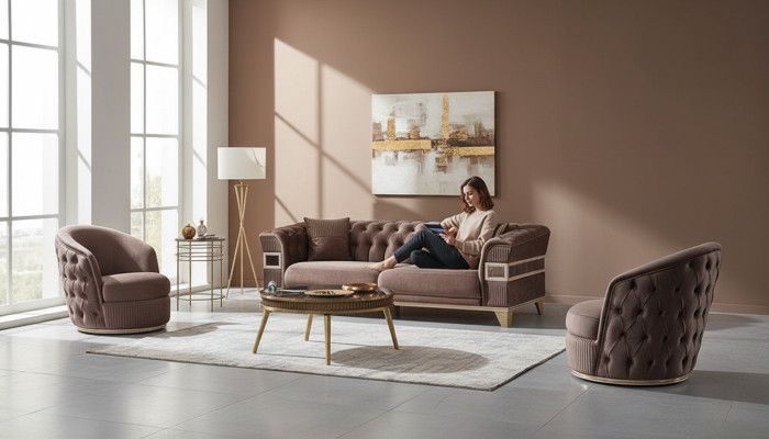 Jeu de canapés en cuir marron 3+1+1 places luxe complet design meubles
