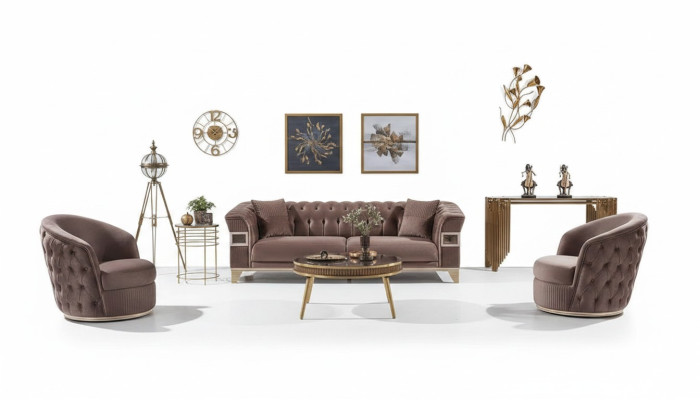 Jeu de canapés en cuir marron 3+1+1 places luxe complet design meubles