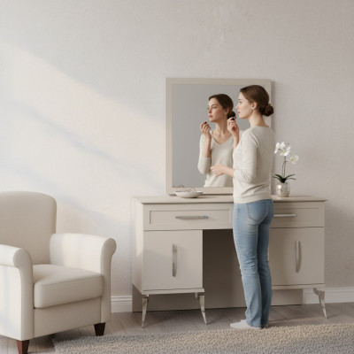Meuble de chambre en bois gris au design moderne avec miroir