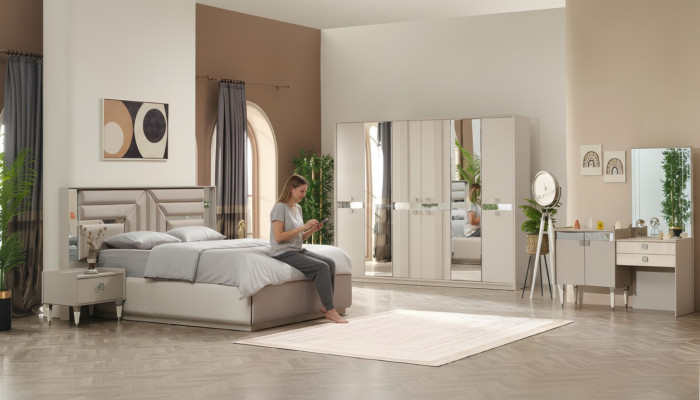 Ensemble de chambre complet de 5 pièces lit 2 tables de nuit armoire coiffeuse en bois